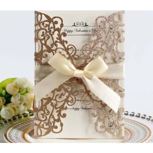 100pcs/set Hollow Powder Thanksgiving Invitation Card Greeting Card Gift Cards with Bow Wedding Birthday Party Supply
