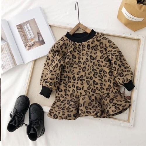 2020 New Fashion Girls Leopard Dress Thick Fall Winter Clothing Children Casual Birthday Holiday Outfits for 2-7 Years Kids