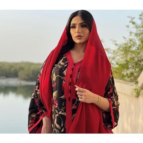 Abaya Womens Casual Long Dress Summer Muslim New Floral Printing Long Sleeve Maxi Dresses Fashion Loose Thin Islamic Clothing