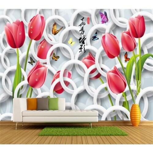 Beibehang wallpaper for living room Floral Tulip Butterfly 3D stereoscopic Circle Background Wall Decorative 3d wallpaper mural
