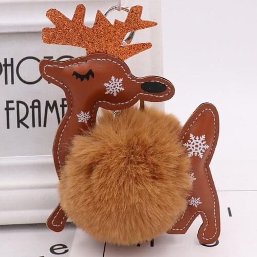 Christmas Elk Hair Ball Keychain Reindeer Pom Pom Pendant Car Key Ring Plush Ornaments Women Car Bag Decoration Accessories Gift