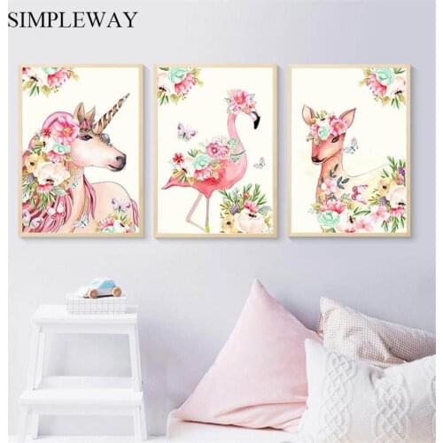 Flower Unicorn Flamingo Canvas Poster Wall Art Nursery Print Canvas Painting Nordic Decorative Picture Baby Bedroom Decoration