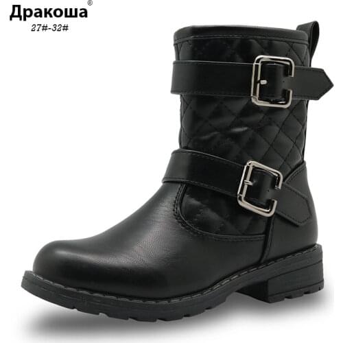 Apakowa Spring&Autumn Mid-Calf Girl Boots for Kids Cotton-Padded Pu Leather Shoes for Girls Fashion Motor Boots with Buckles