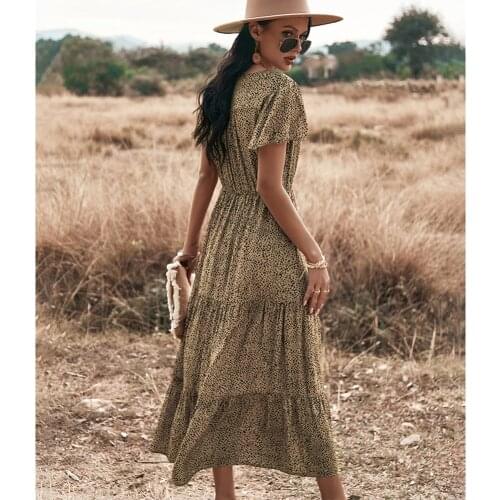 Womens Wave Dot V-neck Dress Short Sleeve High Waist Flowy Dress for Party Beach Summer d88