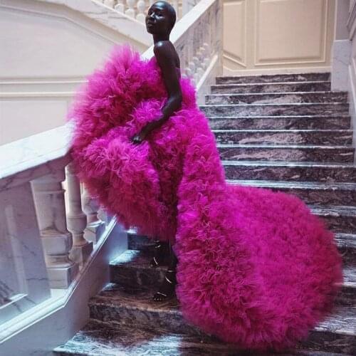 Extra Puffy Fuchsia Evening Dresses Tiered Hi Low Prom Dress Lush Ruffled Tulle Party Gown For Photography vestido de festa