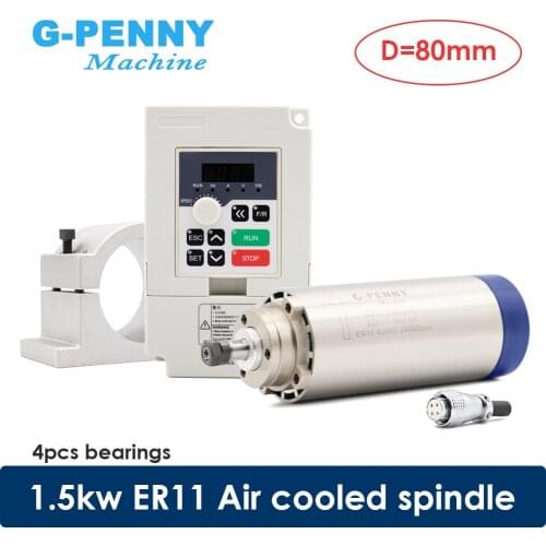 New Arrival! 1.5kw ER11 air cooled spindle D=80mm 4 pcs bearings & 1.5kw H100 inverter 220v & 80mm holder