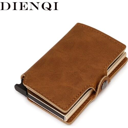 DIENQI Rfid Leather Card Holder Men Wallets Billfold Slim Thin Mini Wallet Short Purse Money Bag Teenager Brown Pull Out Wallet