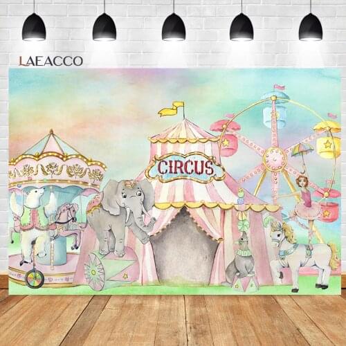 Laeacco Cartoon Circus Tent Carousel Ferris Wheel Polar Bear Elephant Background Baby Birthday Customized Photographic Backdrops