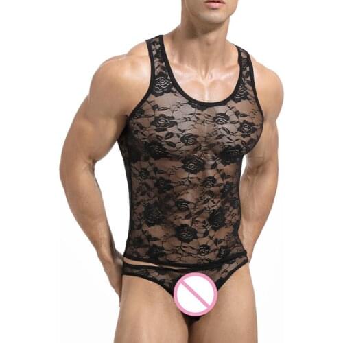 Mens Tank Tops Sissy Lace Sheer Nightwear Netting Mesh Gay Sleeveless Vest Shirts Briefs Underwear Bikini Panty Sexy Clothes Set