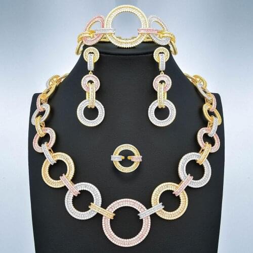 Newness Luxury Link Chain Cross Dubai Gold Jewelry Set Nigerian Wedding African Beads Bridal Jewellery Set Cubic Zircon Jewelry