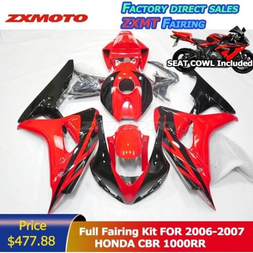 ZXMOTO Bodywork Full Fairing Kit ABS Plastics Fender Panel Cover For 2006-2007 Honda CBR 1000RR 06 07 Gloss Red Black Racing