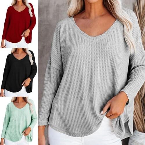 Casual Fashion Lady Blouse Solid Color All Match Elastic V Neck Long Sleeve Loose And Comfortable Knitted Top for Daily Wear2021