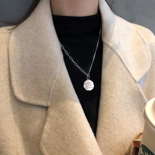 S925 sterling silver jewelry with retro letter round card necklace sweater chain for female short temperament pendant necklace