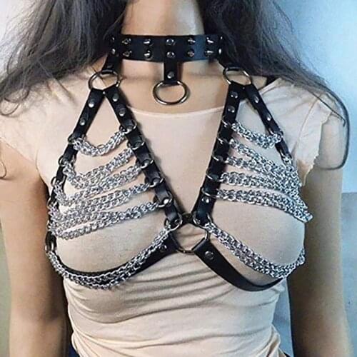 Rivet Sexy PU Belt Body chain Bondage Lingerie Sexy Goth adjustable Leather Chain Harness Body Bra Fashion Cage Bondage Jewelry