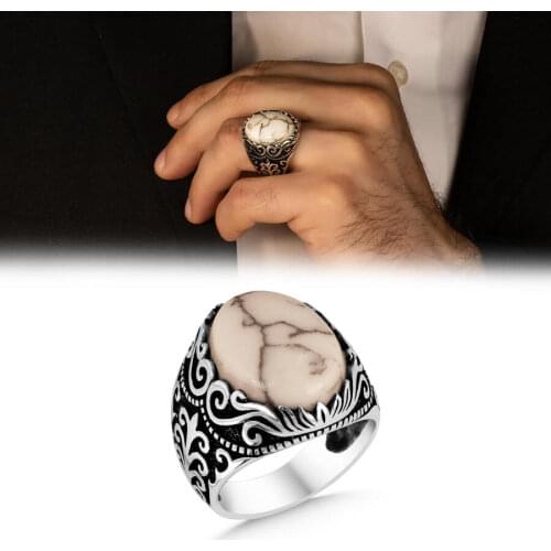 Silver Men Ring White Buffalo Gemstone Ring 925 Sterling Silver Ring White Turquoise Gemstone Ring Made in Turkey Men For Gifts