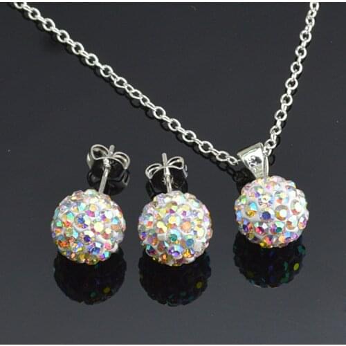Silver Color Women Jewelry Sets AB White 10mm Ball Stud Earrings Crystal Pendant Necklace for Lady 24 Colors High Quality Girl