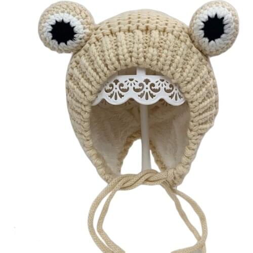 Kids Baby Winter Warm Cable Knit Beanie Hat Cartoon Frog Shaped Warm Earflap Cap M89E