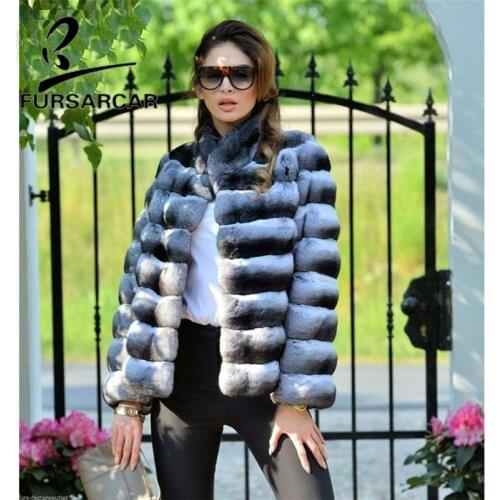 FURSARCAR Winter New Real Fur Coats Women Fashion Casual Rex Rabbit Fur Jacket With Fur Collar Luxury Style Thick Warm Fur Coat