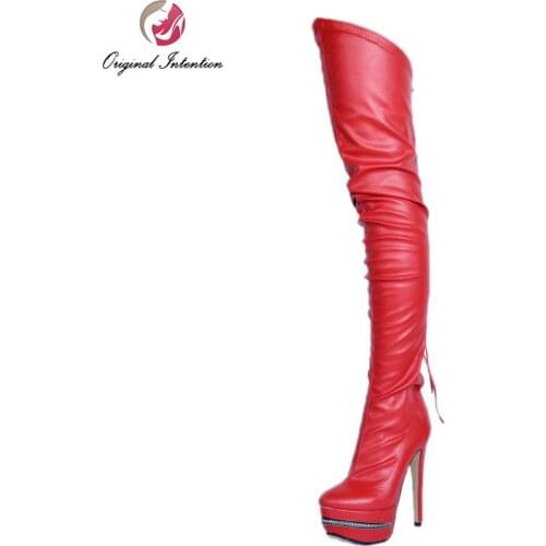 Original Intention Sexy Women Over the Knee Boots Round Toe Thin Heels Boots Red Wine Red White Shoes Woman Plus US Size 4-15