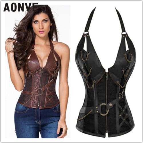 AONVE Waist Trainer Slimming Body Shaper Leather Corset Steampunk Shapers Steel Boned Women Front Zipper Fajas Modeling