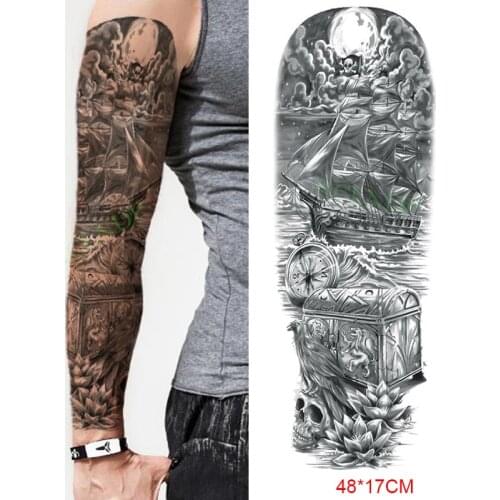 Waterproof Temporary Tattoo Sticker Nautical Treasure Skeleton Bones Exploration Full Arm Fake Tatto Flash Tatoo Men Women