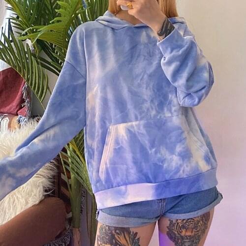 Womens autumn hooded sweatshirts tie-dye print loose casual pullover tops with big pockets blue color for ladies basic clothes