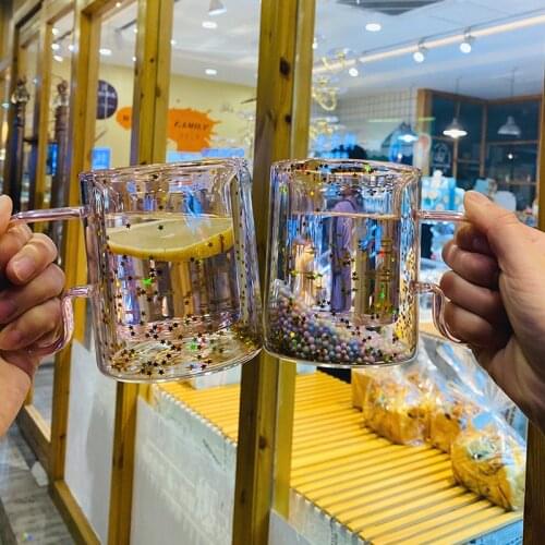 Girly Heart Sequins Korea Star Mug Heat-resistant Glass Double-layer Coffee Cup with Handle