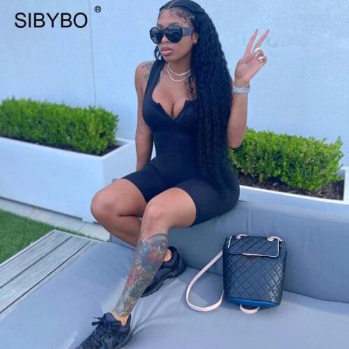 Sibybo Black V-Neck Bodycon Jumpsuit Women Sleeveless Sport Fitness Short Rompers Summer Casual Outfits Femme Sexy Slim Playsuit