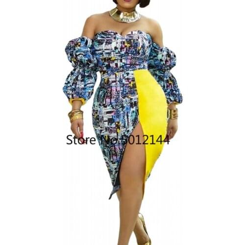 African Dresses For Women African Midi Dress Womens Flower Print Slash Neck Off The Shoulder Backless Daily Evening Party Dress