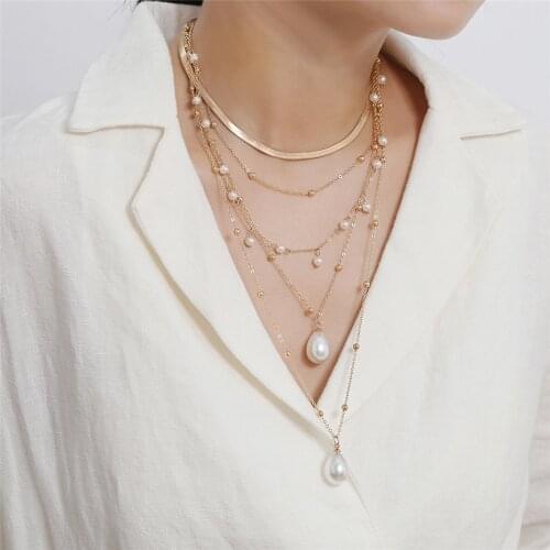 Baroque Pearl Lock Chain Gothic Multi-Layer Necklace Punk Gold Irregular Pearls Pendant Choker Necklace for Women Party Jewelry