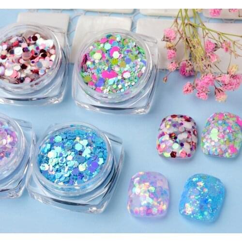1 Box Laser Mixed Nail Glitter Powder Sequins Shinning Colorful Round Glitter Mix Size Nail Flakes DIY for Nail Art Decorations