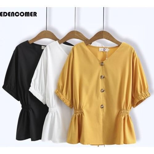 Large Womens New Spring and Summer Blouses 2021 Loose Waist Short Sleeve Chiffon Shirts Pure Color Tops Camisas De Mujer