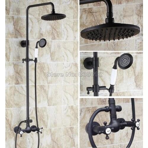 Black Antique Brass Bathroom Ceramic Handheld Shower + Rain Shower Faucet Set Wall Mounted Dual Handle Mixer Taps Wrs494