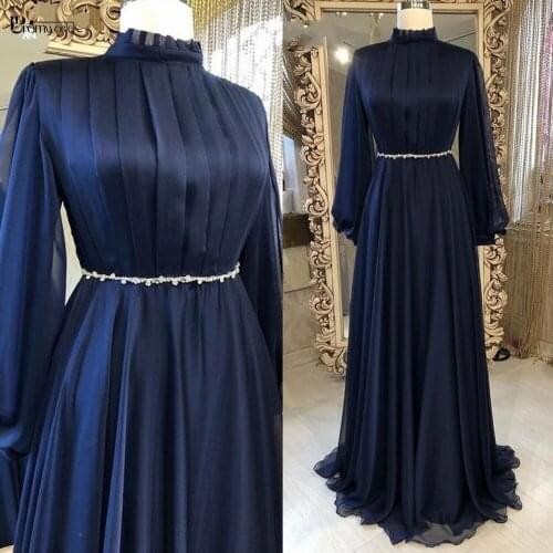 Elegant Navy Blue Muslim Evening Dresses Long Sleeves A-Line Women Formal Gowns 2021 Crystal Chiffon High Neck Robes De Soirée