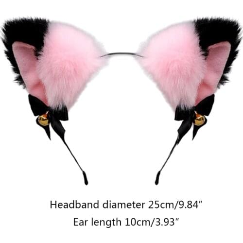 F3MD Faux Fur Pink Kitten Ears Headband with Bow Bell Furry Plush Cosplay Hair Hoop