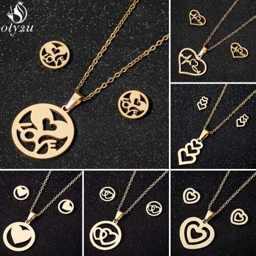 Romantic Stainless Steel Love Heart Necklaces for Women Gold Jewelry Sets Simple Wedding Earrings Trendy Pendant Choker 2021