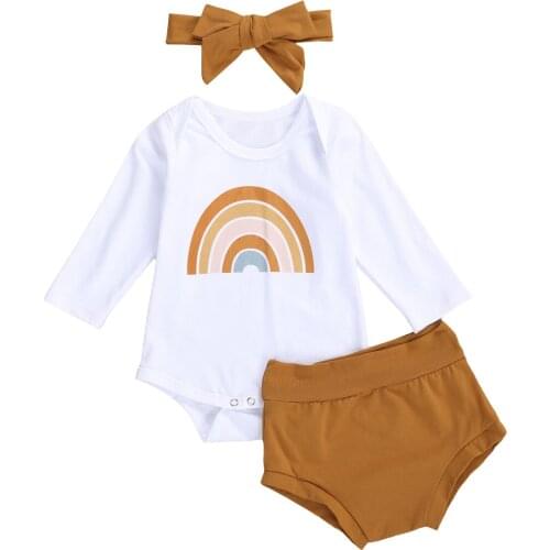 0-18M Spring Autumn Newborn Baby Girls Outfits Fresh Rainbow Long Sleeve Romper + Short Pants +Headband 3pcs Clothes Set