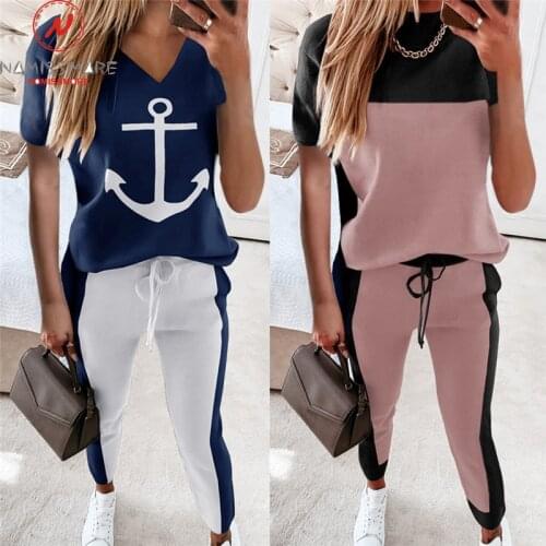 Women Summer Casual 2 Piece Outfits Color Matching Design V-Neck Short Sleeve T-Shirts+Drawstring Design Mid Waist Pencil Pants