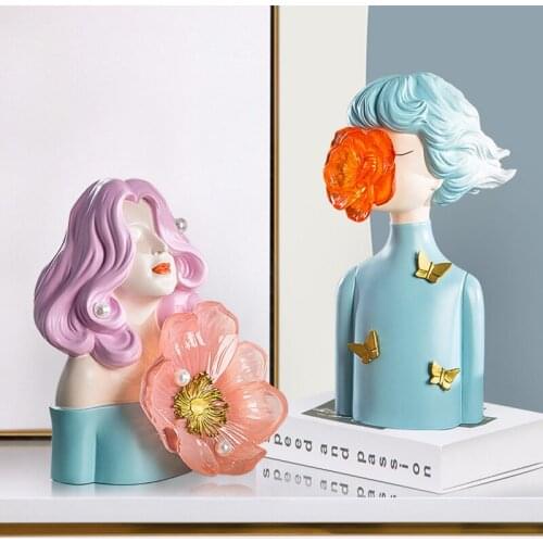 Creative Colorful Boy and Girl Bust Statue Living Room Bedroom TV Cabinet Crafts Modern Resin Flower Figure Sculpture Decoration