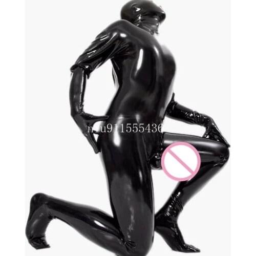 Handmade Unisex Latex Catsuit with Hood&Gloves Socks Tight Transvestite Bodysuit with JJ Condom for Men