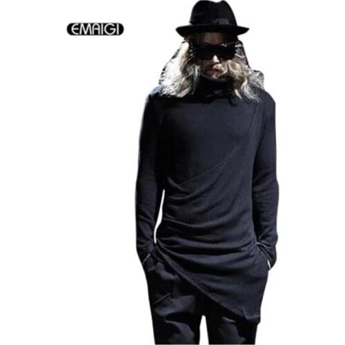 Men Tshirt Male Stage Show Costume Punk Githic Style Long Sleeve Turtleneck T-shirt Male Asymmetry Slim Fit Tees Shirts