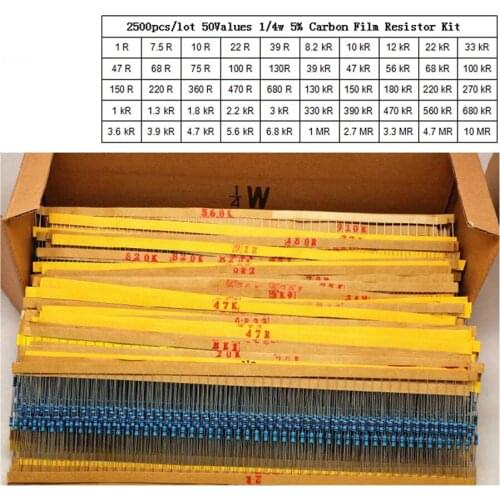2500pcs 1/4W resistors assorted kit 0.25W Carbon Film resistance set 50 Values Assortment Pack 1 ohm -10 M Resistor Samples pack