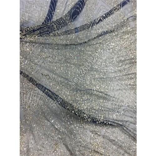 New BZL-72716 design glued glitter lace fabric fashion African tulle lace fabric with glitter in silver glitter navy blue mesh