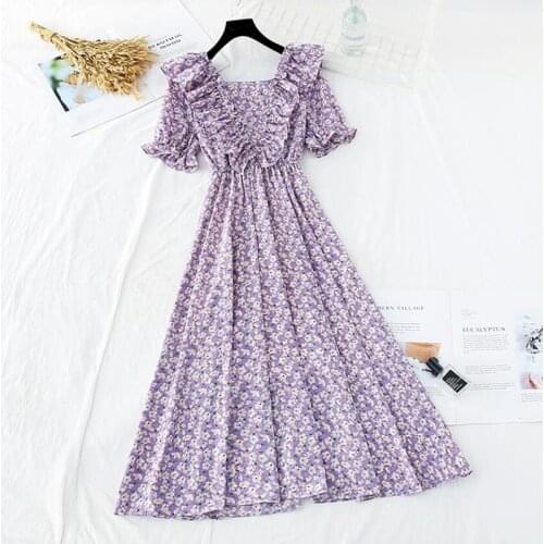 Purple chiffon dress Elegant V-neck Short Sleeve Women A-line Floral print Midi Dress Female Elastic Waist Party Vestidos 2020