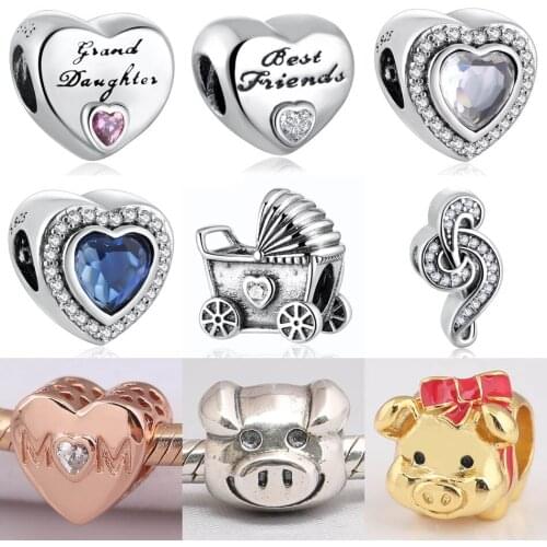 Authentic S925 DIY Jewelry Grand Daughter Love Night Blue Mom Baby Pram Pig Music Treble Clef Charms fit Lady Bracelets