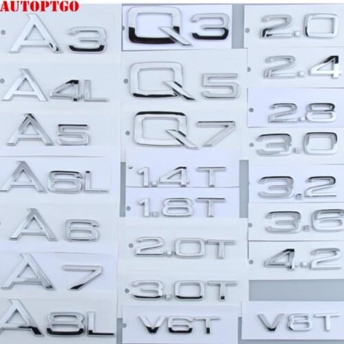 Silver A3 A4 A5 A6 A7 A8 Q3 Q5 Q7 GT TT Letter Emblem Badge Logo Decal Sticker Fit Audi Rear Trunk