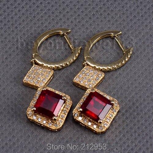 Natural Ruby Earrings, Real Gold Diamond Earring,14k Yellow Gold Diamond Drop Earrings For Women