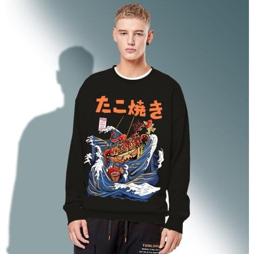 Japanese Harajuku Men Summer Hip Hop Hoodies Sweatshirt Noodle Ship Streetwear Long Sleeve Casual Top Cotton Hoodie Streetwear