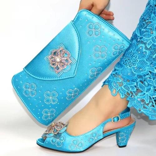 Wonderful sky blue women pumps match handbag set with crystal decoration african shoes and bag for party dress V275,heel 7CM