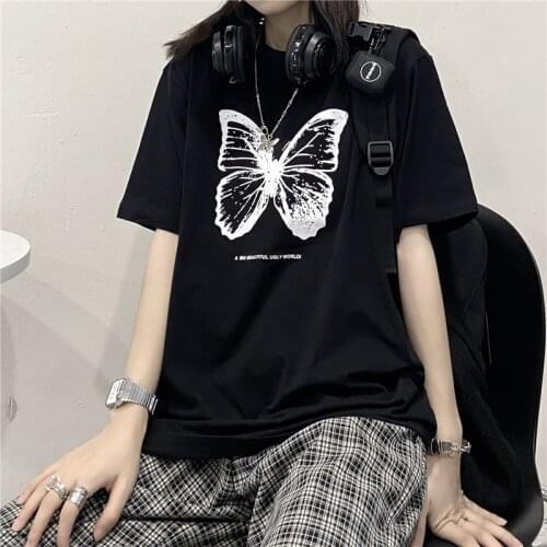 Harajuku Cartoon butterfly Print plus Loose Black Women T shirt Clothing short sleeve tops punk dropshipping vintage product